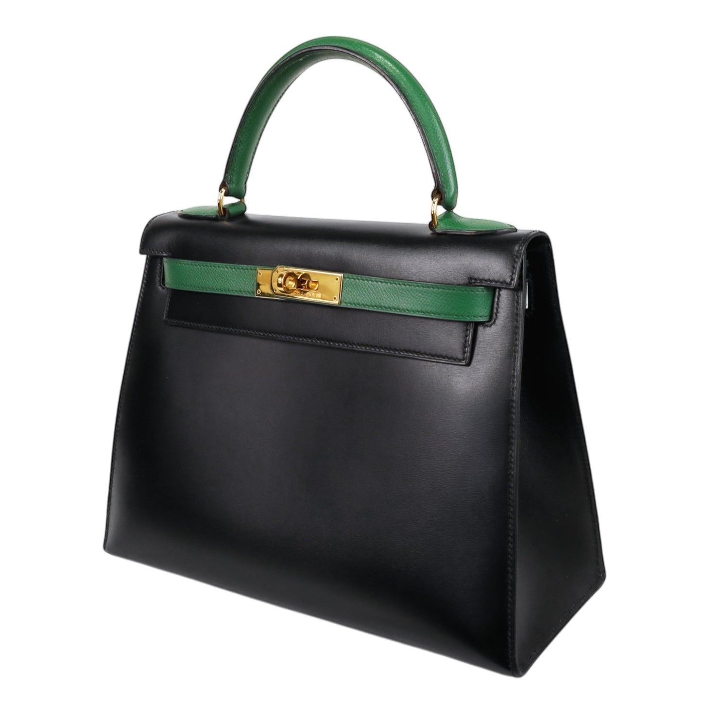 Kelly 28 Bicolor Double Material Box Calf Kushbell Black Green GP XV Engraved