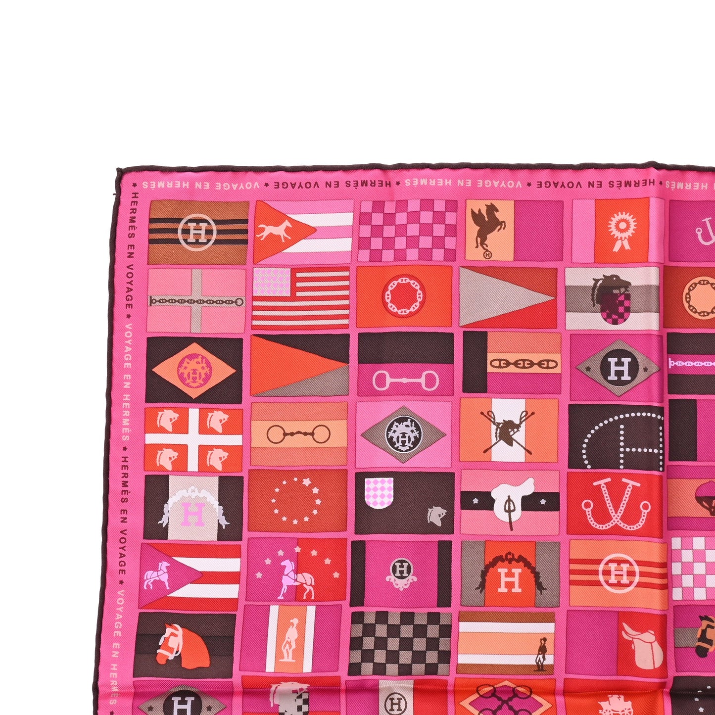 HERMES カレ90 HERMES EN VOYAGE シルク 国旗柄 ピンク