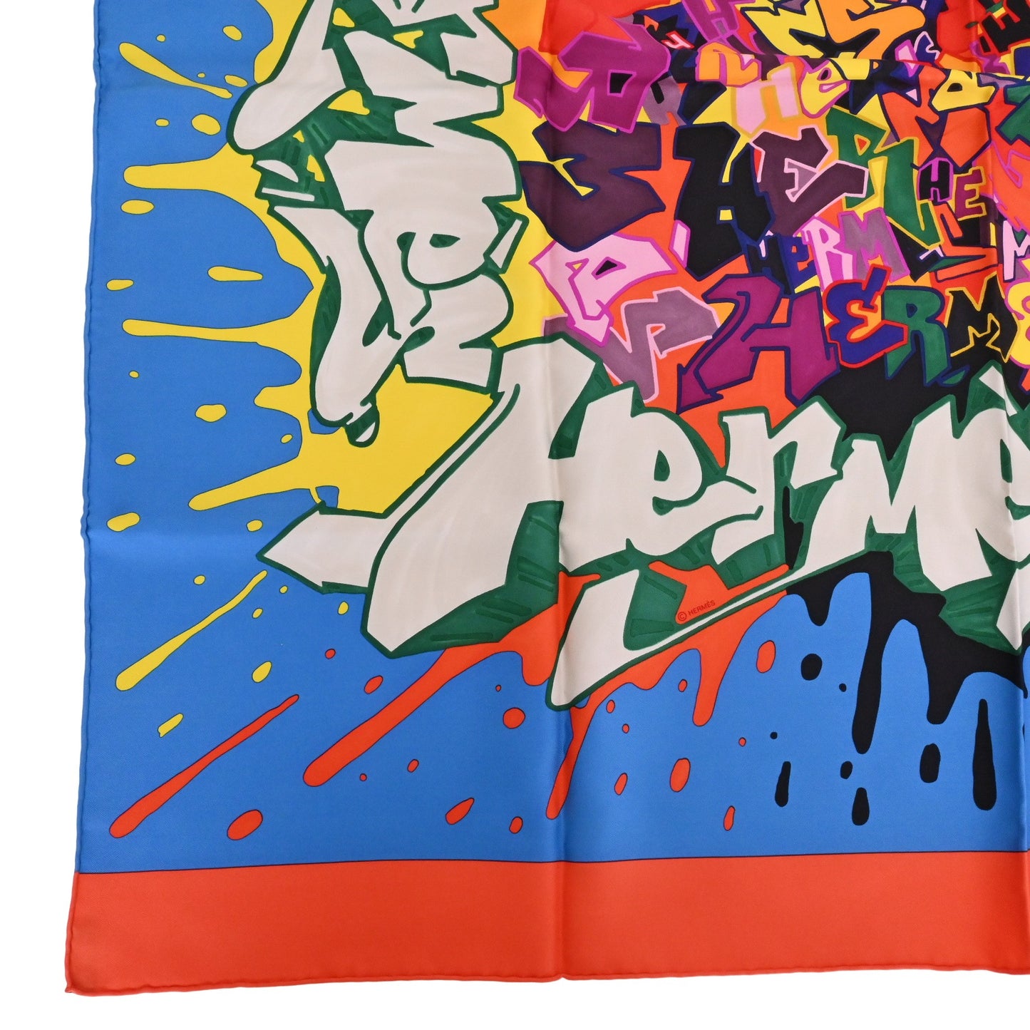 HERMES カレ90 KONGO グラフィティ シルク オレンジ ブルー