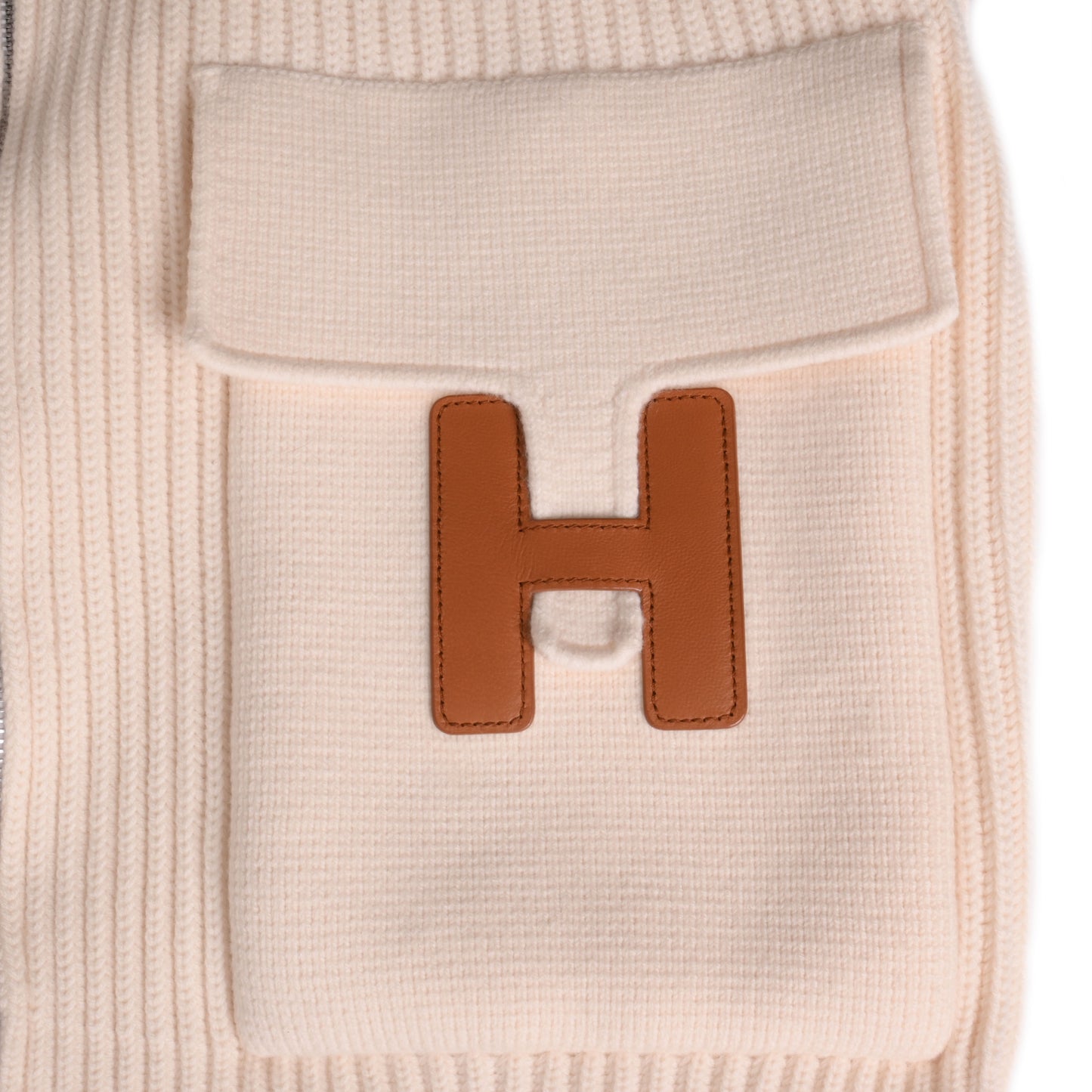 HERMES ニットブルゾン Hロゴポケット ウール アイボリー 40