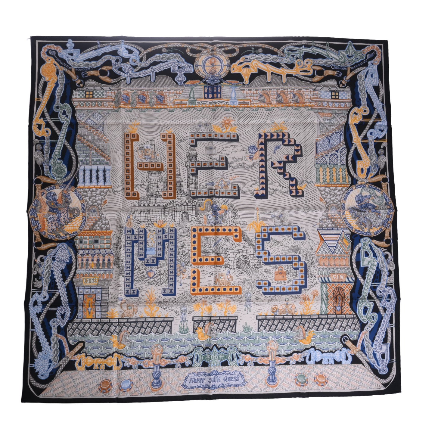 HERMES カレ90 スーパーシルククエスト シルク ネイビー