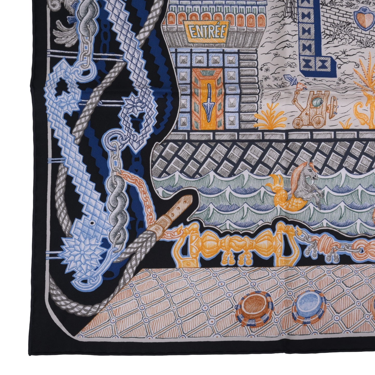 HERMES カレ90 スーパーシルククエスト シルク ネイビー