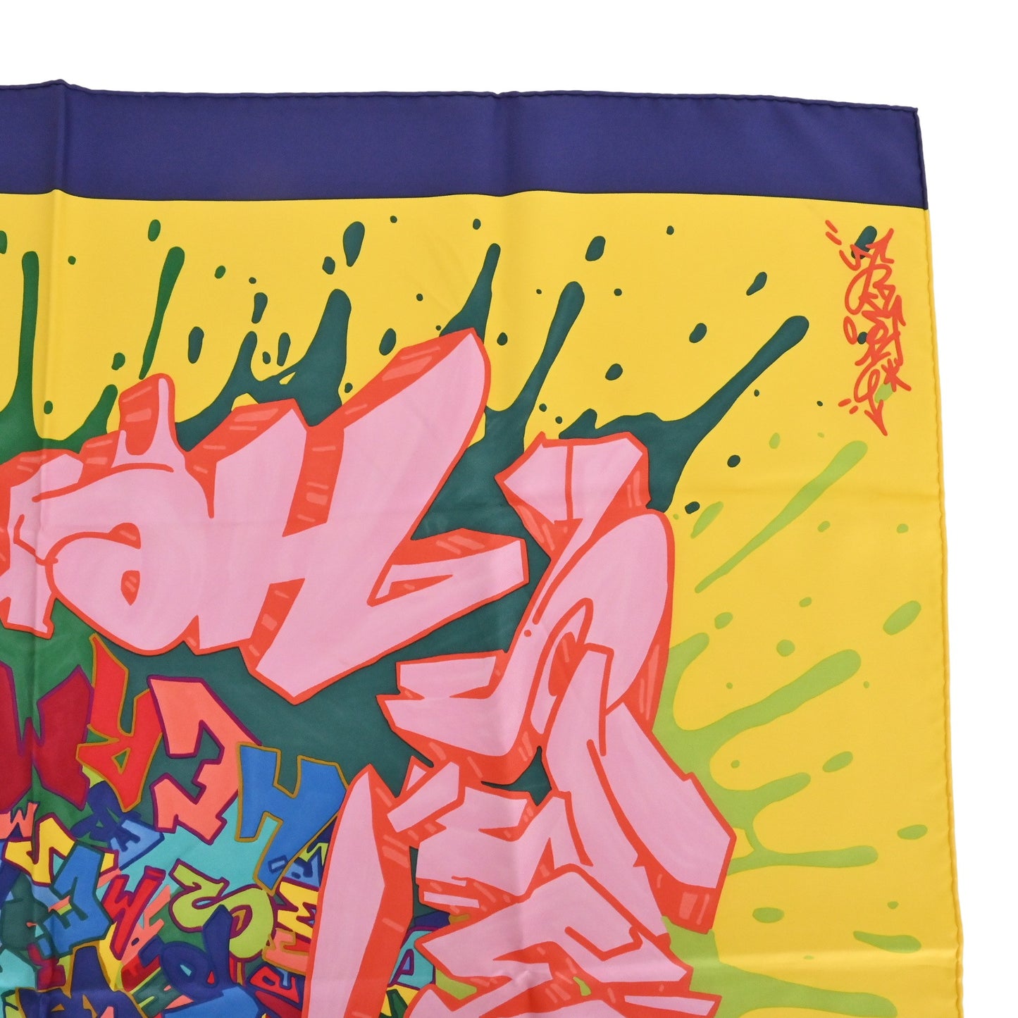 HERMES カレ90 KONGO グラフィティ シルク ネイビー イエロー