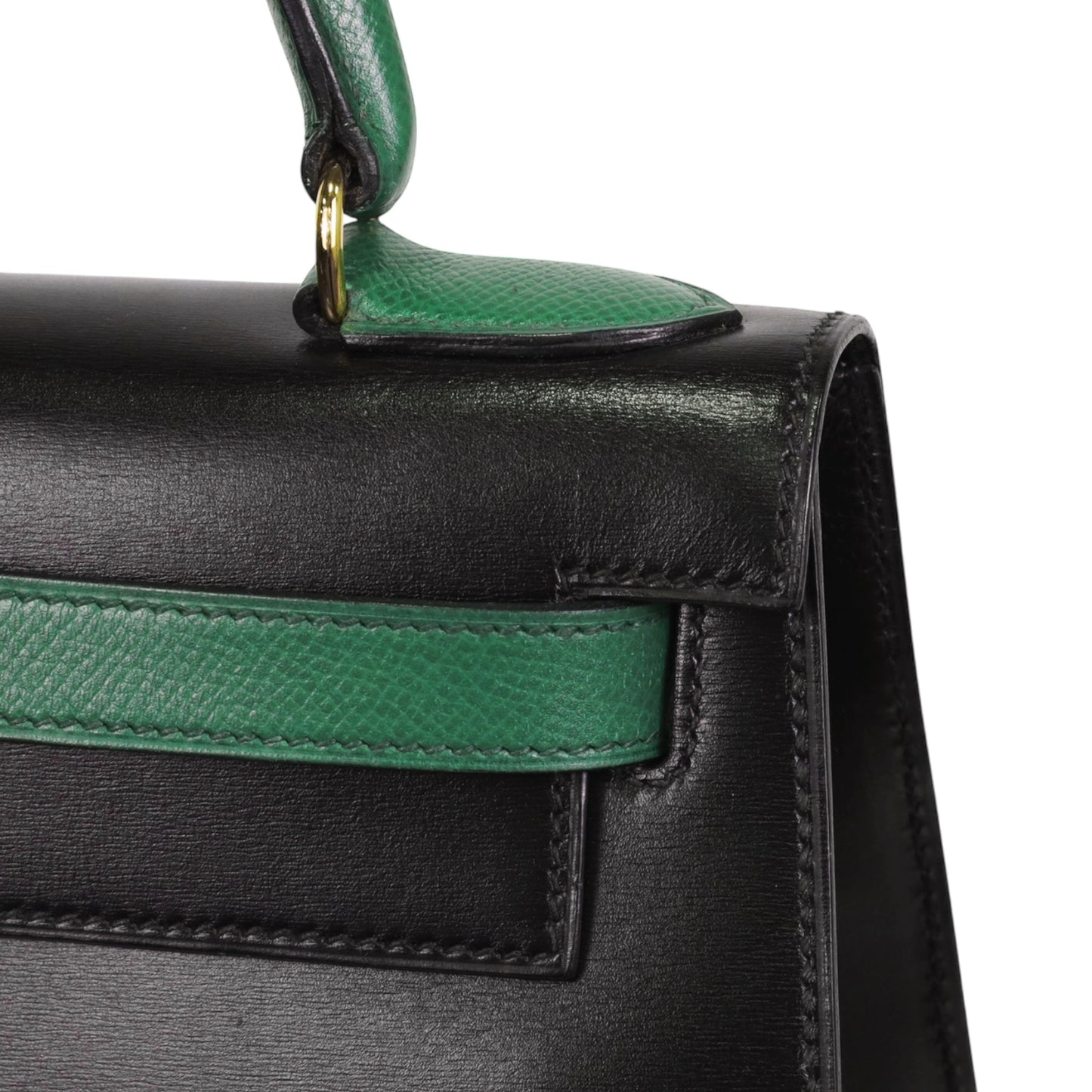 Kelly 28 Bicolor Double Material Box Calf Kushbell Black Green GP XV Engraved