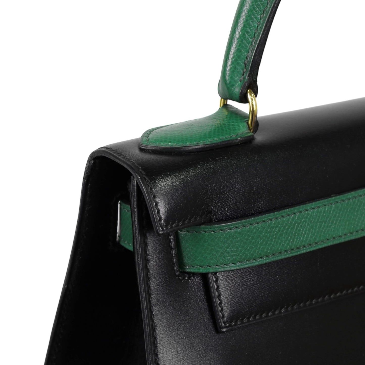 Kelly 28 Bicolor Double Material Box Calf Kushbell Black Green GP XV Engraved
