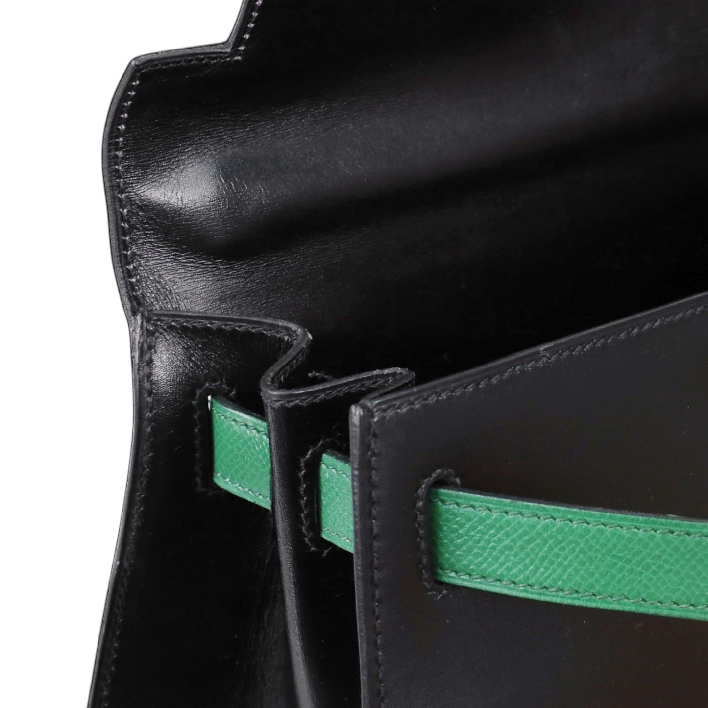 Kelly 28 Bicolor Double Material Box Calf Kushbell Black Green GP XV Engraved