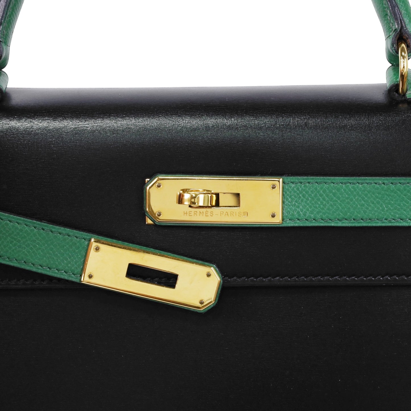Kelly 28 Bicolor Double Material Box Calf Kushbell Black Green GP XV Engraved
