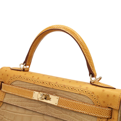 Kelly 32 Gillies Alligator Lizard Ostrich Pousier Chestnut Champagne Gold □Q stamp