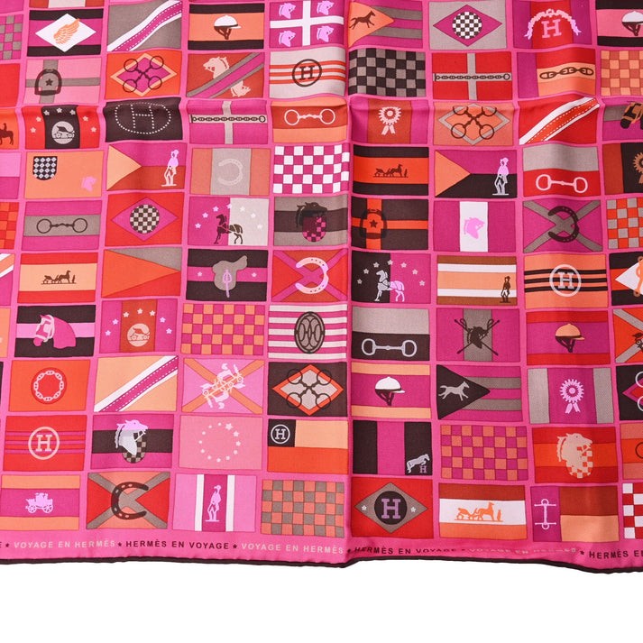 Carre 90 HERMES EN VOYAGE Silk Flag Pattern Pink