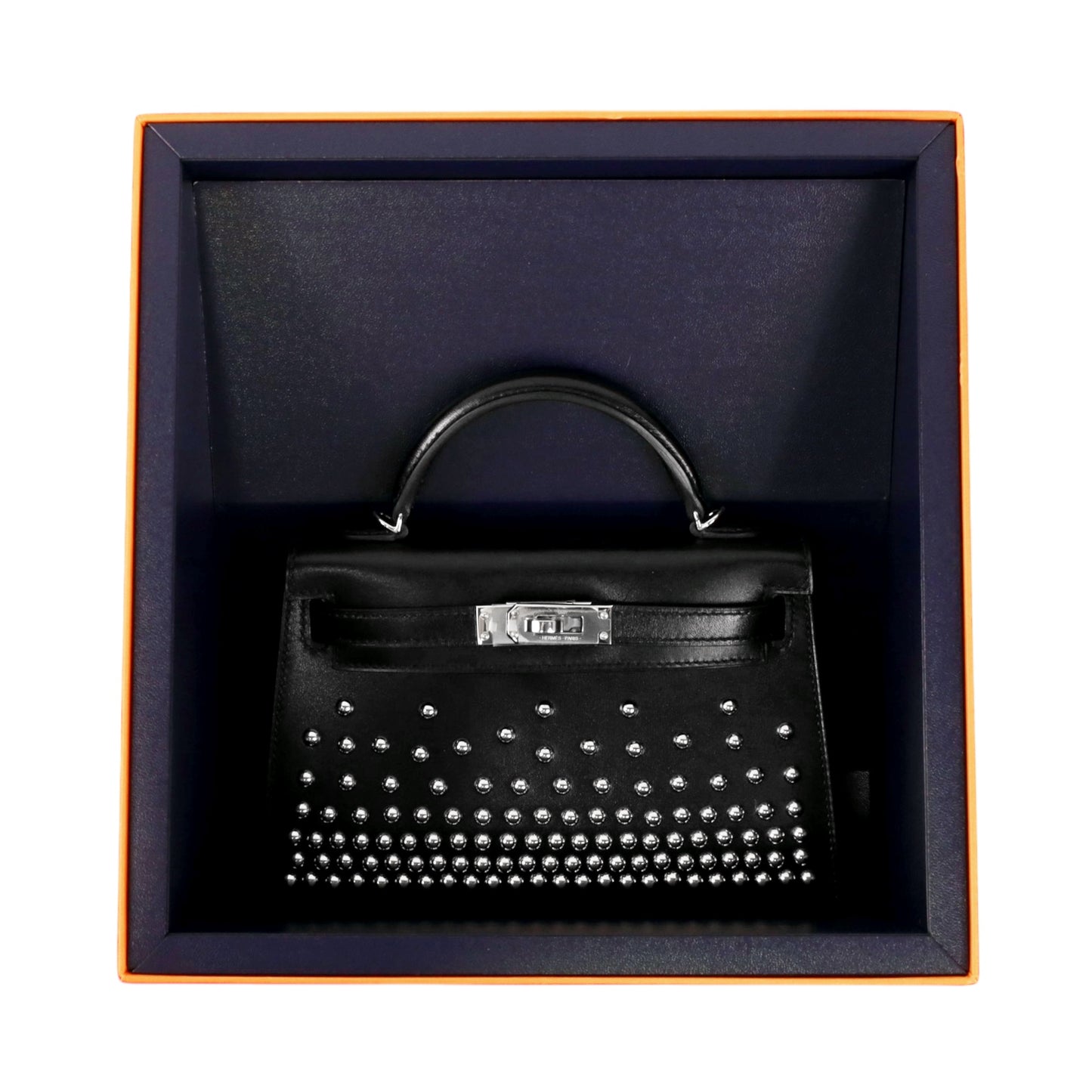 Mini Kelly 2 Crute Studs Box Calf Black SS B Engraved