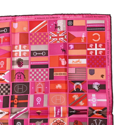 Carre 90 HERMES EN VOYAGE Silk Flag Pattern Pink