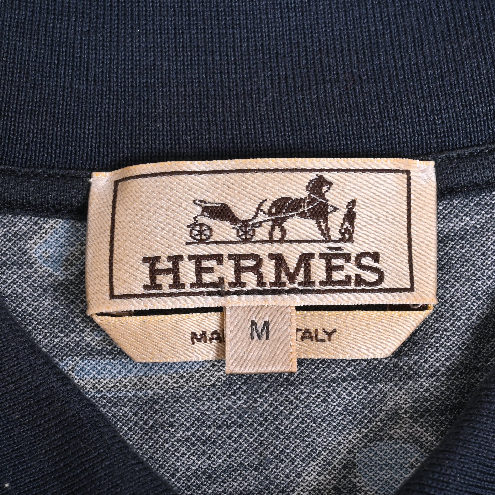 HERMES ポロシャツ　チェス柄　コットン　ネイビー　M