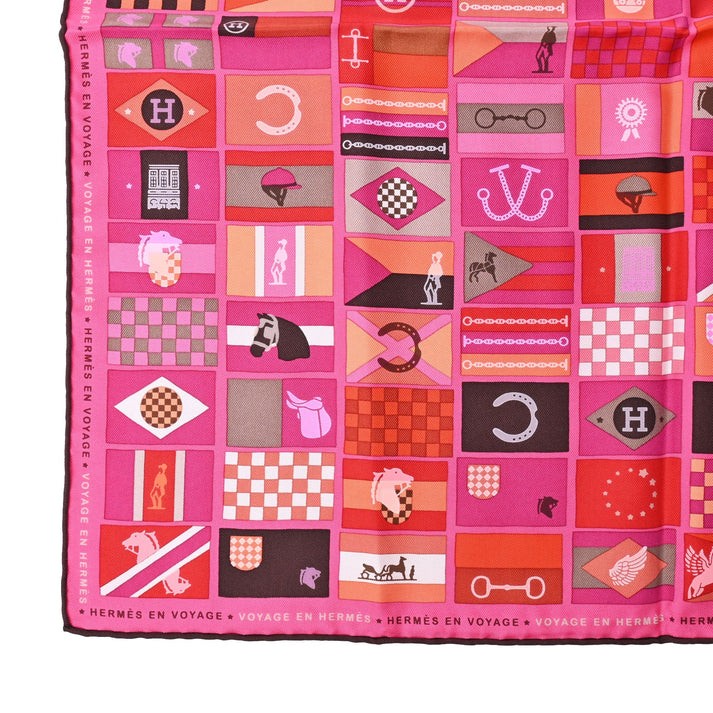 Carre 90 HERMES EN VOYAGE Silk Flag Pattern Pink