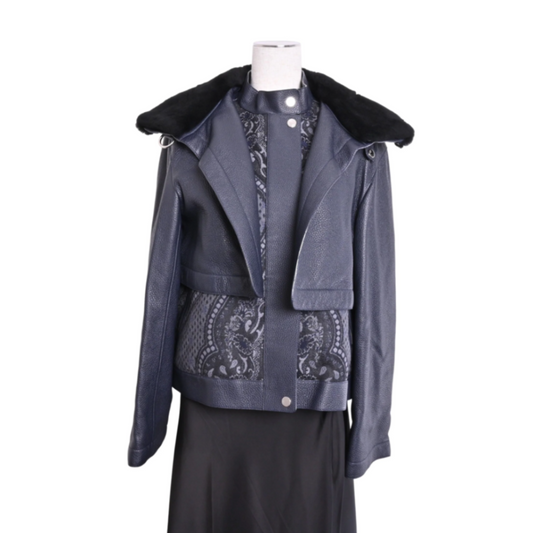 Blouson Leather Jacket & Zip Vest Leather Deer Wool Navy 36