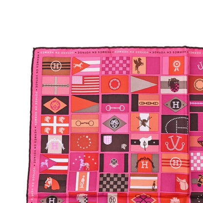 Carre 90 HERMES EN VOYAGE Silk Flag Pattern Pink