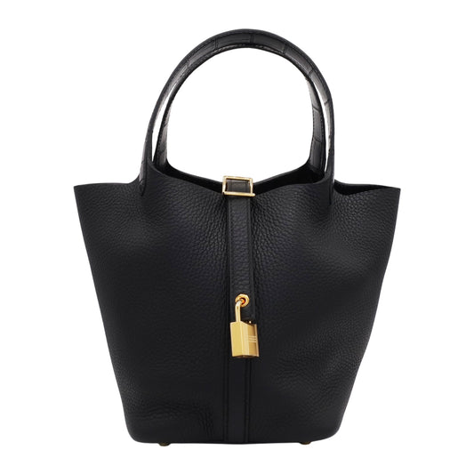 Picotin Lock PM Touch Torillon Clemence Alligator Black GP W Engraved