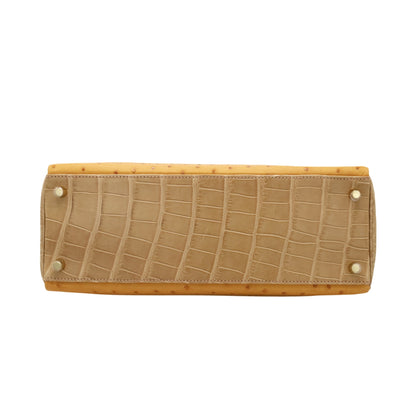 Kelly 32 Gillies Alligator Lizard Ostrich Pousier Chestnut Champagne Gold □Q stamp