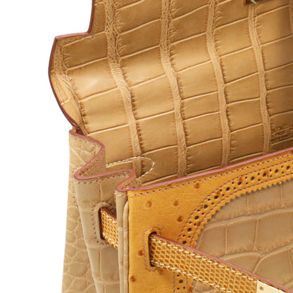 Kelly 32 Gillies Alligator Lizard Ostrich Pousier Chestnut Champagne Gold □Q stamp