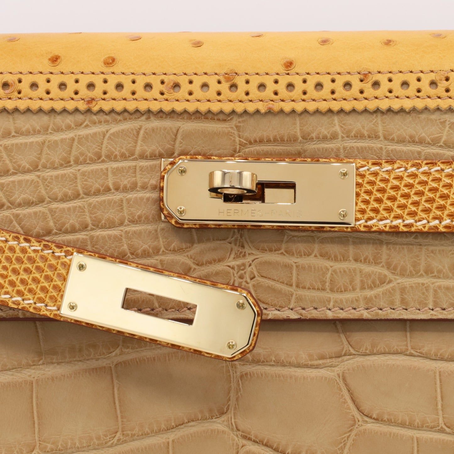 Kelly 32 Gillies Alligator Lizard Ostrich Pousier Chestnut Champagne Gold □Q stamp