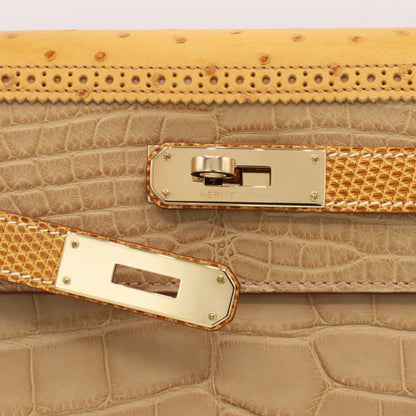 Kelly 32 Gillies Alligator Lizard Ostrich Pousier Chestnut Champagne Gold □Q stamp