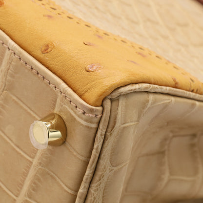 Kelly 32 Gillies Alligator Lizard Ostrich Pousier Chestnut Champagne Gold □Q stamp