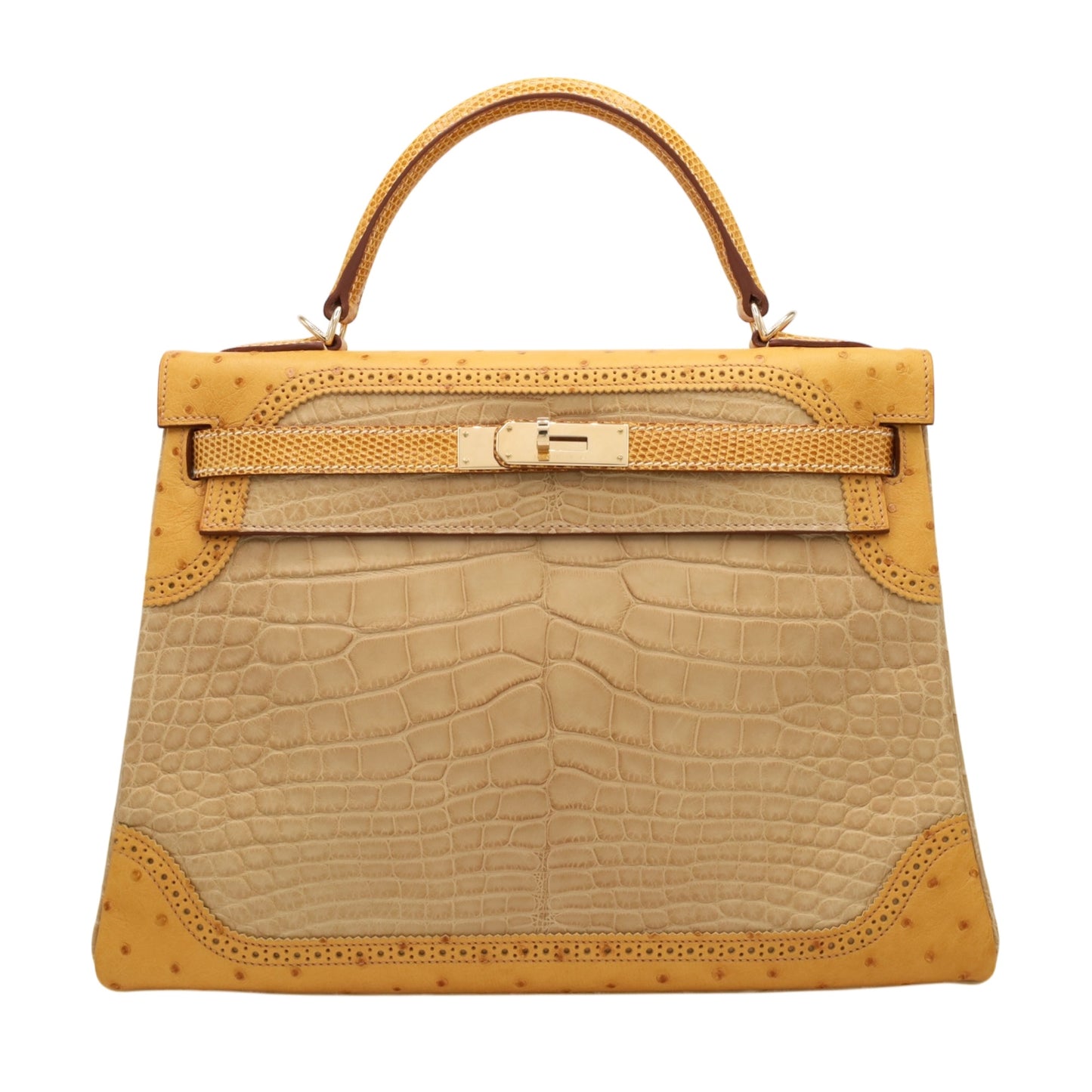 Kelly 32 Gillies Alligator Lizard Ostrich Pousier Chestnut Champagne Gold □Q stamp