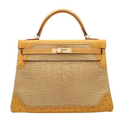 Kelly 32 Gillies Alligator Lizard Ostrich Pousier Chestnut Champagne Gold □Q stamp