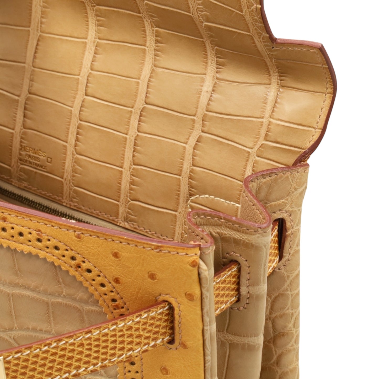 Kelly 32 Gillies Alligator Lizard Ostrich Pousier Chestnut Champagne Gold □Q stamp