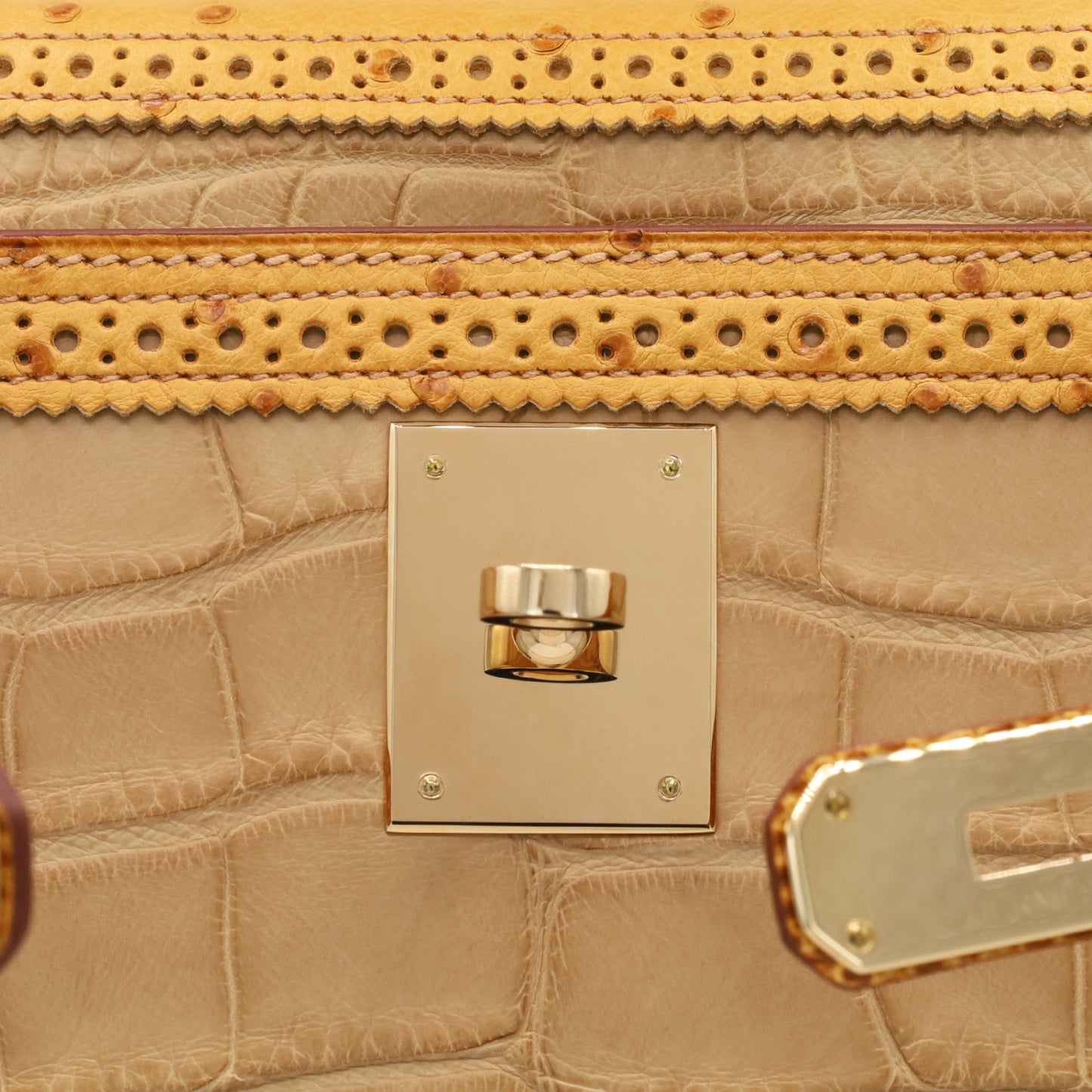 Kelly 32 Gillies Alligator Lizard Ostrich Pousier Chestnut Champagne Gold □Q stamp