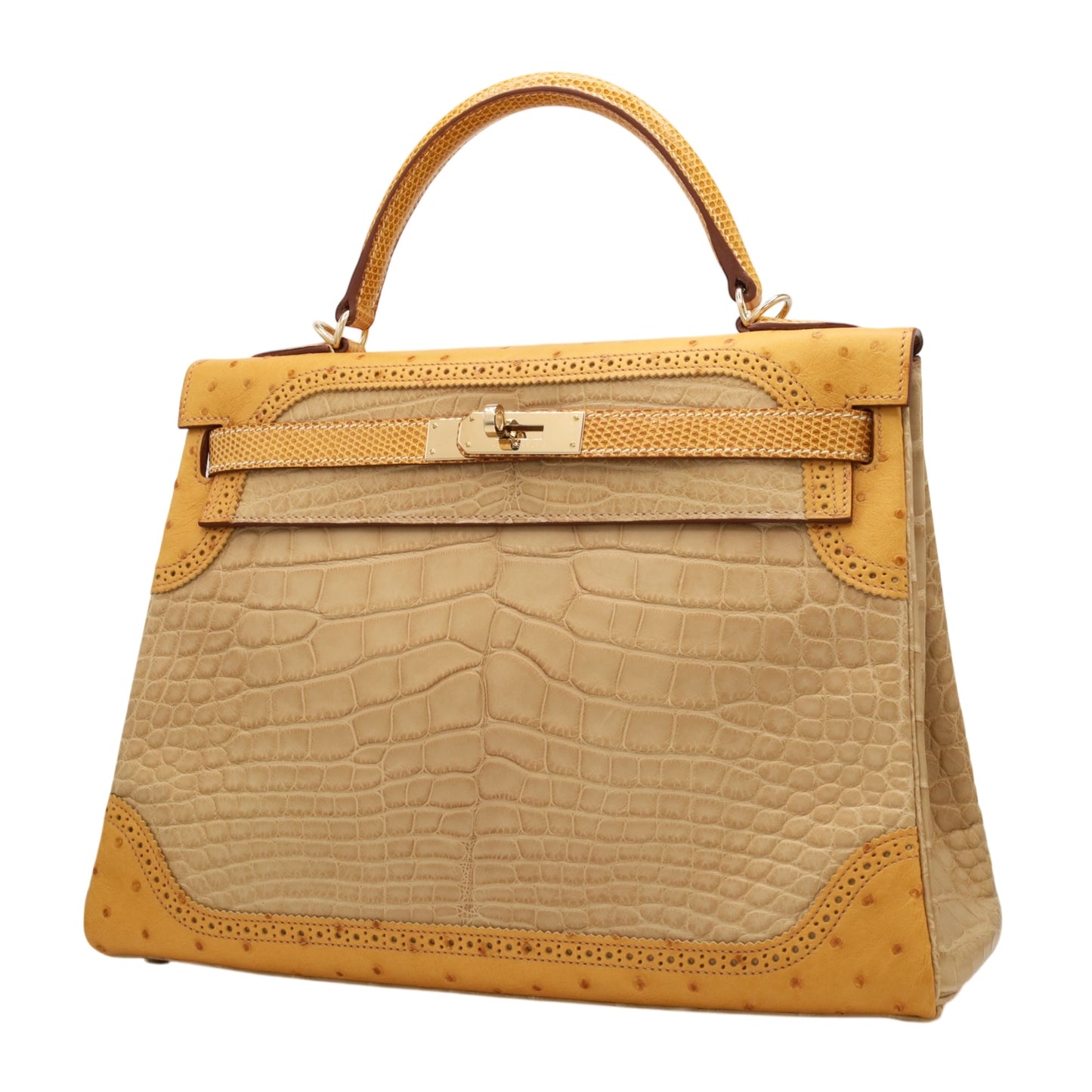 Kelly 32 Gillies Alligator Lizard Ostrich Pousier Chestnut Champagne Gold □Q stamp