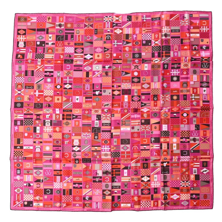 Carre 90 HERMES EN VOYAGE Silk Flag Pattern Pink