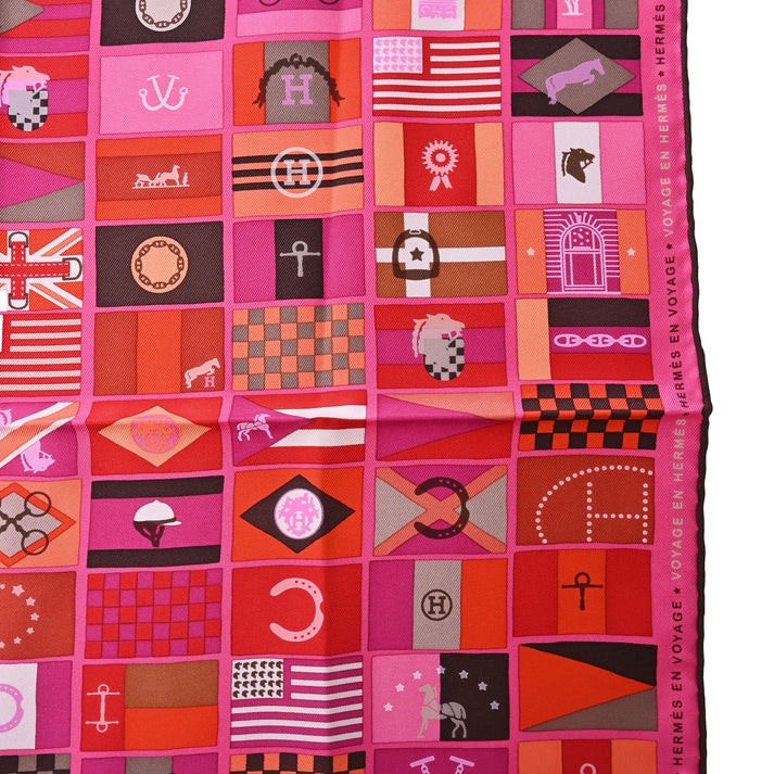 Carre 90 HERMES EN VOYAGE Silk Flag Pattern Pink