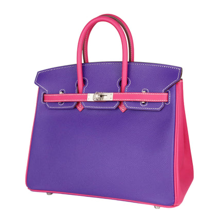 Birkin 25个人订单Vaud Epson Ultra Ultra紫罗兰玫瑰Tyrian Matte Silver Metal Fittings X刻