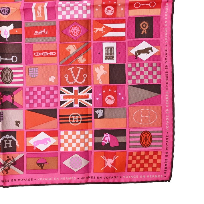 Carre 90 HERMES EN VOYAGE Silk Flag Pattern Pink